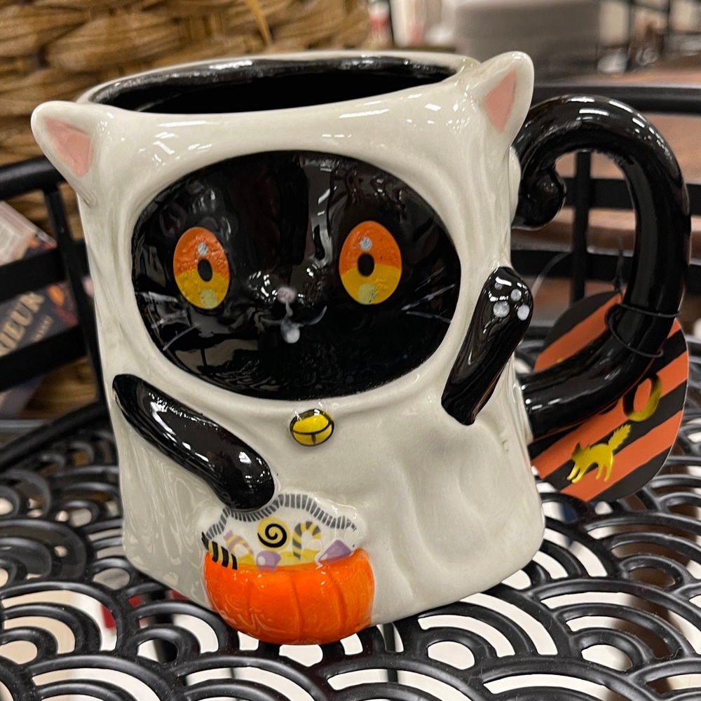 Halloween Cat Ghost Cat Trick or Treat Pumpkin Black Cat Figural Ceramic Mug NWT